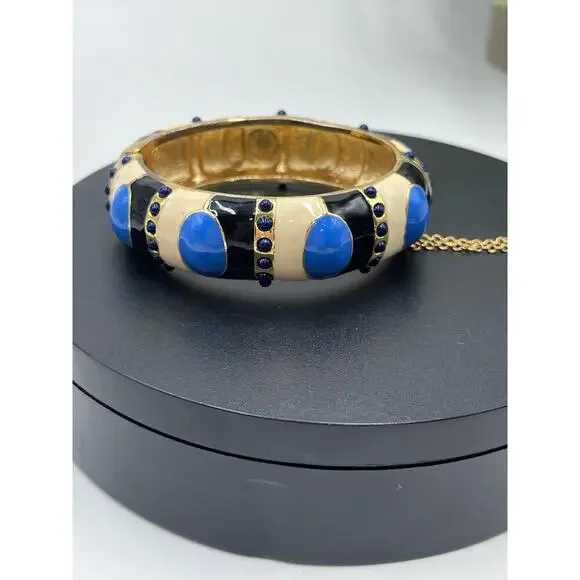 J. Crew Blue Enamel Tan Gold Tone Hinged Safety Chain Bangle Bracelet